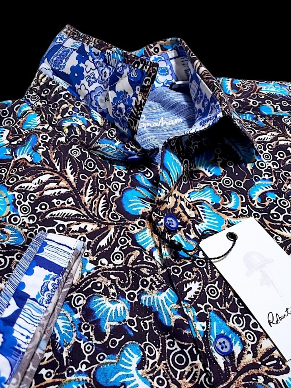 NEW Robert Graham Floral Tropical Classic Small Brown Blue Short Sleeve Shirt